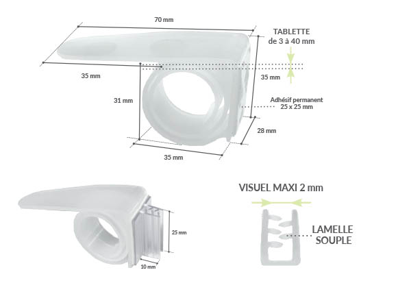 Clip escargot drapeau en PVC avec grip - Tablettes de 3 à 40 mm