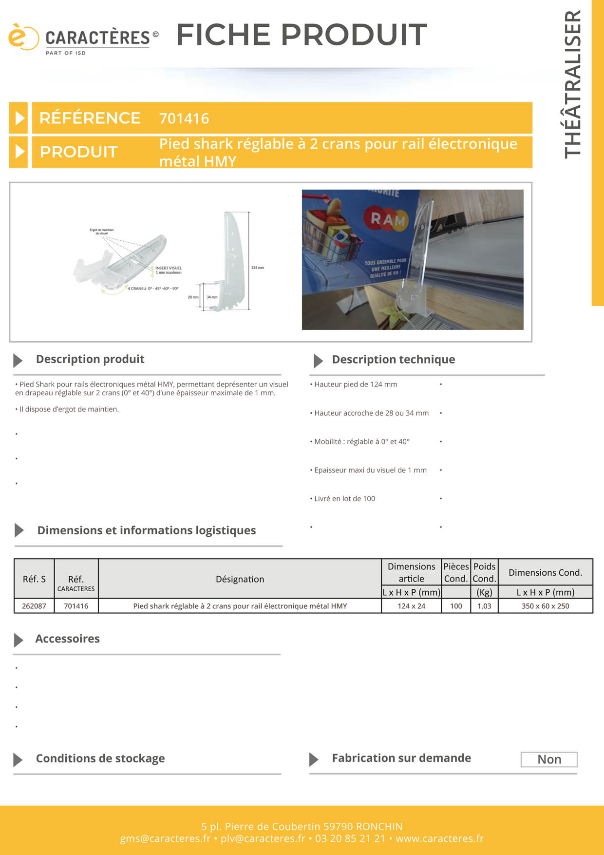 Pied Shark® réglable à 0° et 45° pour rail électronique métal HMY