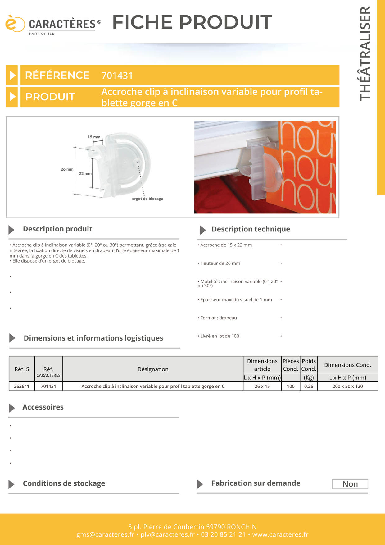 Accroche clip drapeau avec 3 inclinaisons - Tablette gorge en C