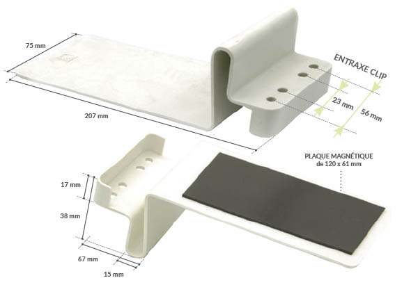 Support avec butée pour pied Shark® en PVC blanc plaque magnétique
