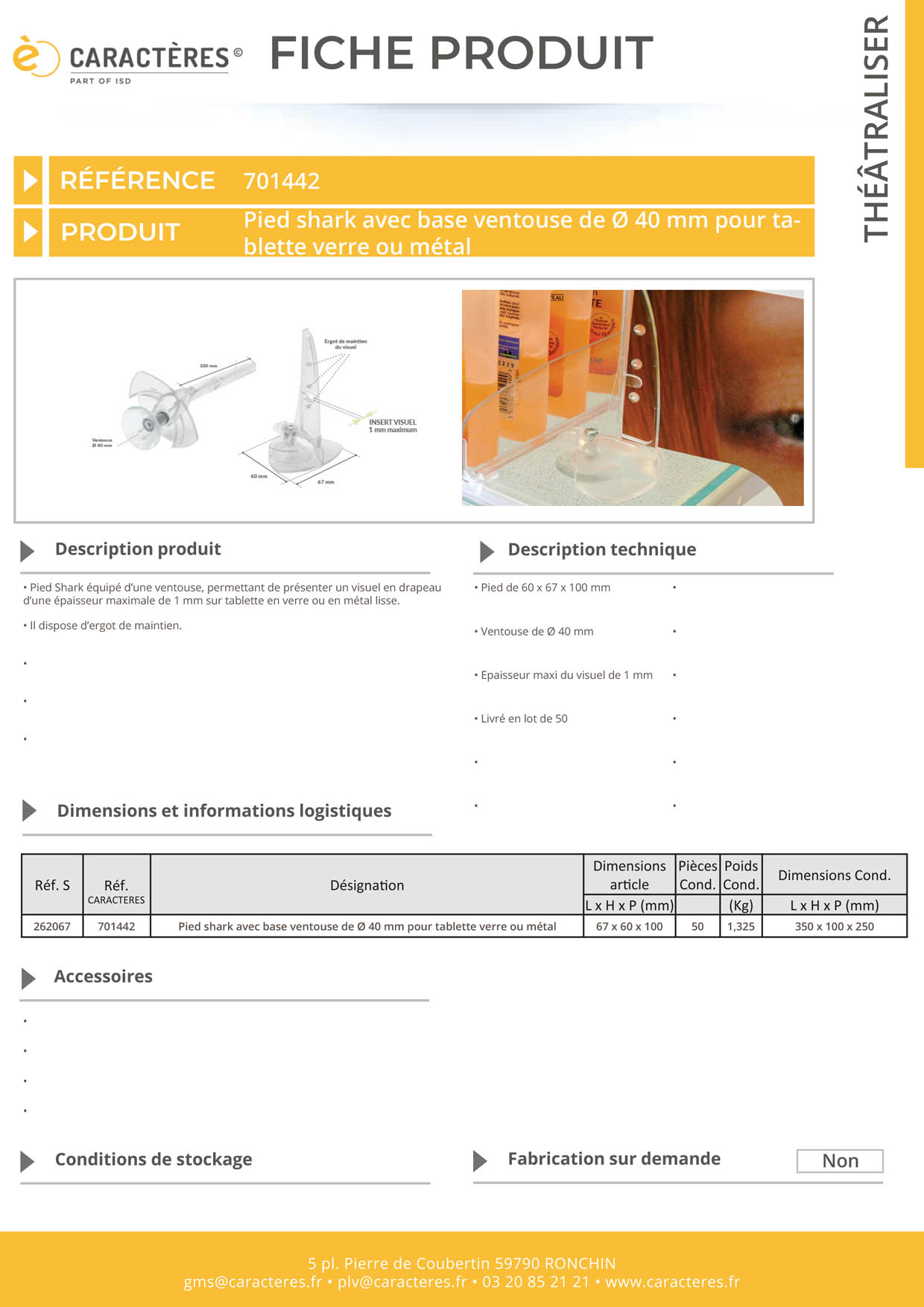 Pied Shark® avec ventouse de Ø 40 mm - Tablette verre ou métal