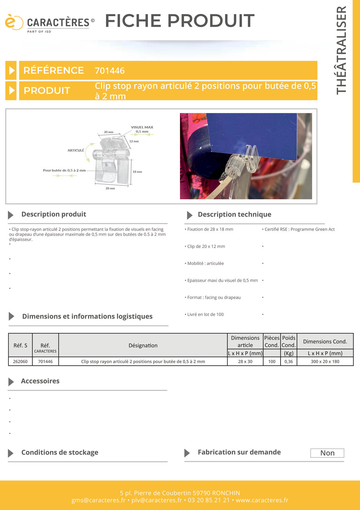 Clip stop-rayon articulé 2 positions facing ou drapeau - Butée de 0.5 à 2 mm