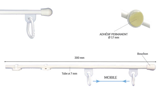 Mini potence PVC base adhésive anneaux fermés 300 mm