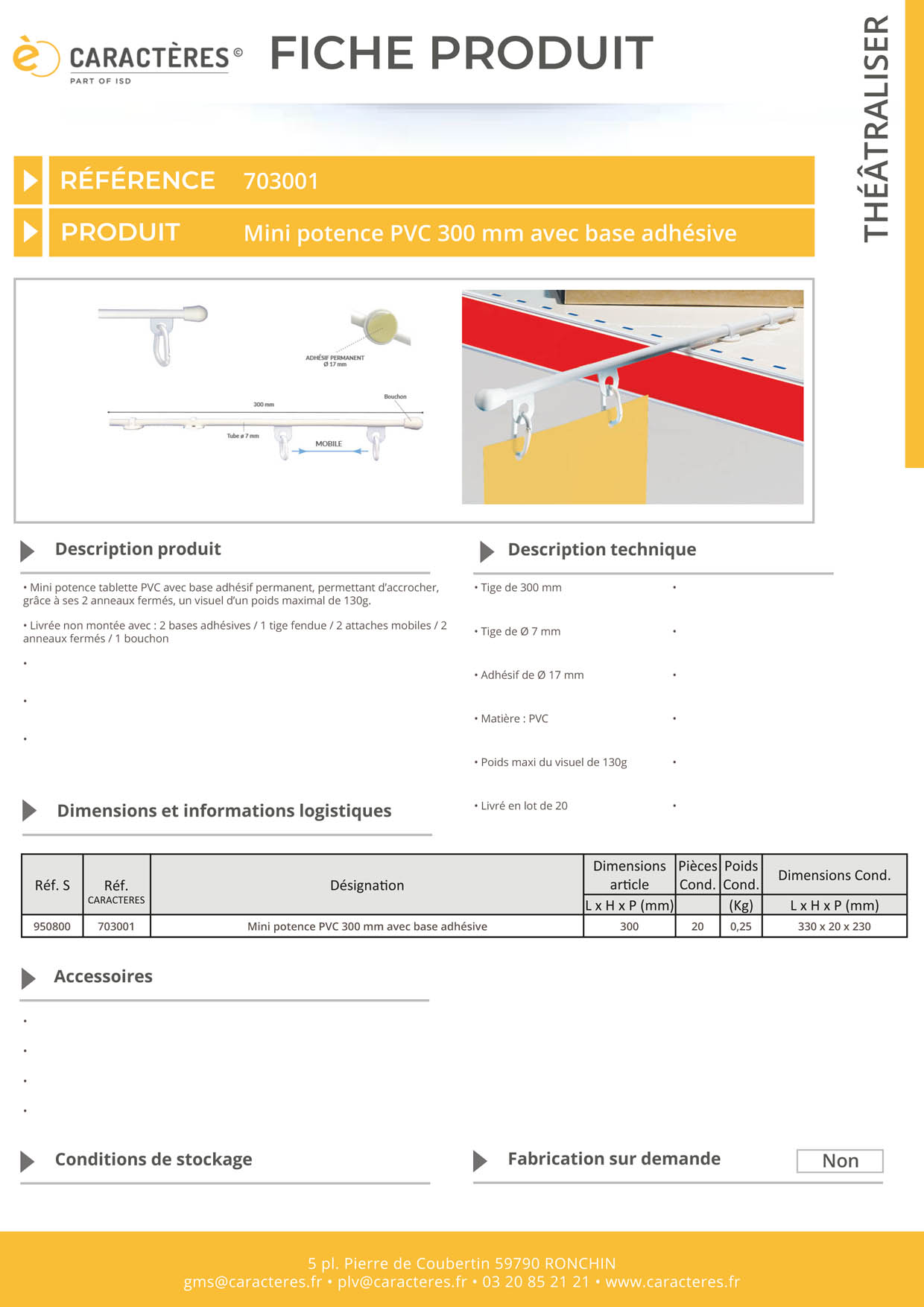 Mini potence en PVC de 300 mm avec base adhésive - 2 anneaux fermés