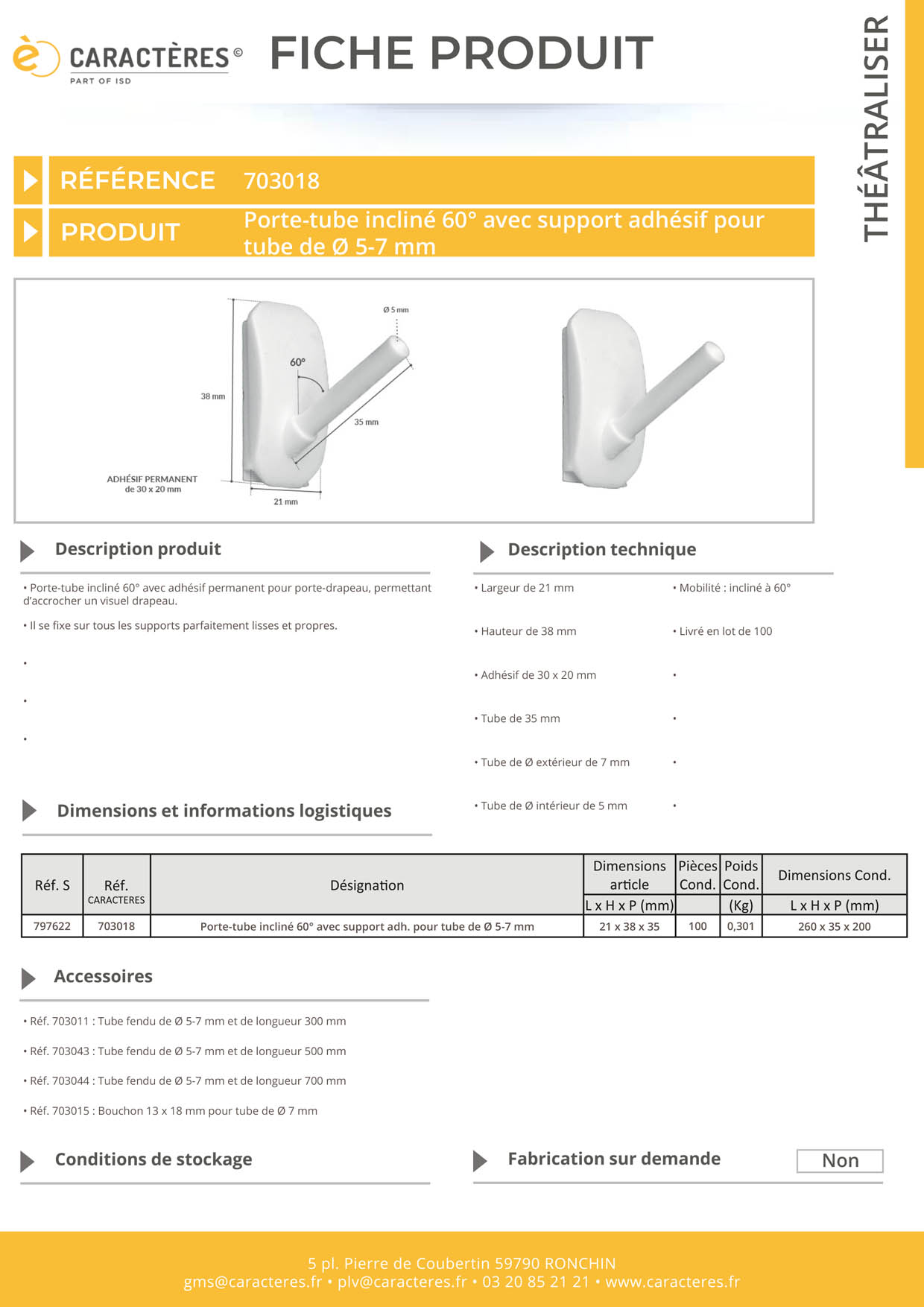 Porte-tube incliné à 60° avec support adhésif pour tube fendu de Ø 5 - 7 mm