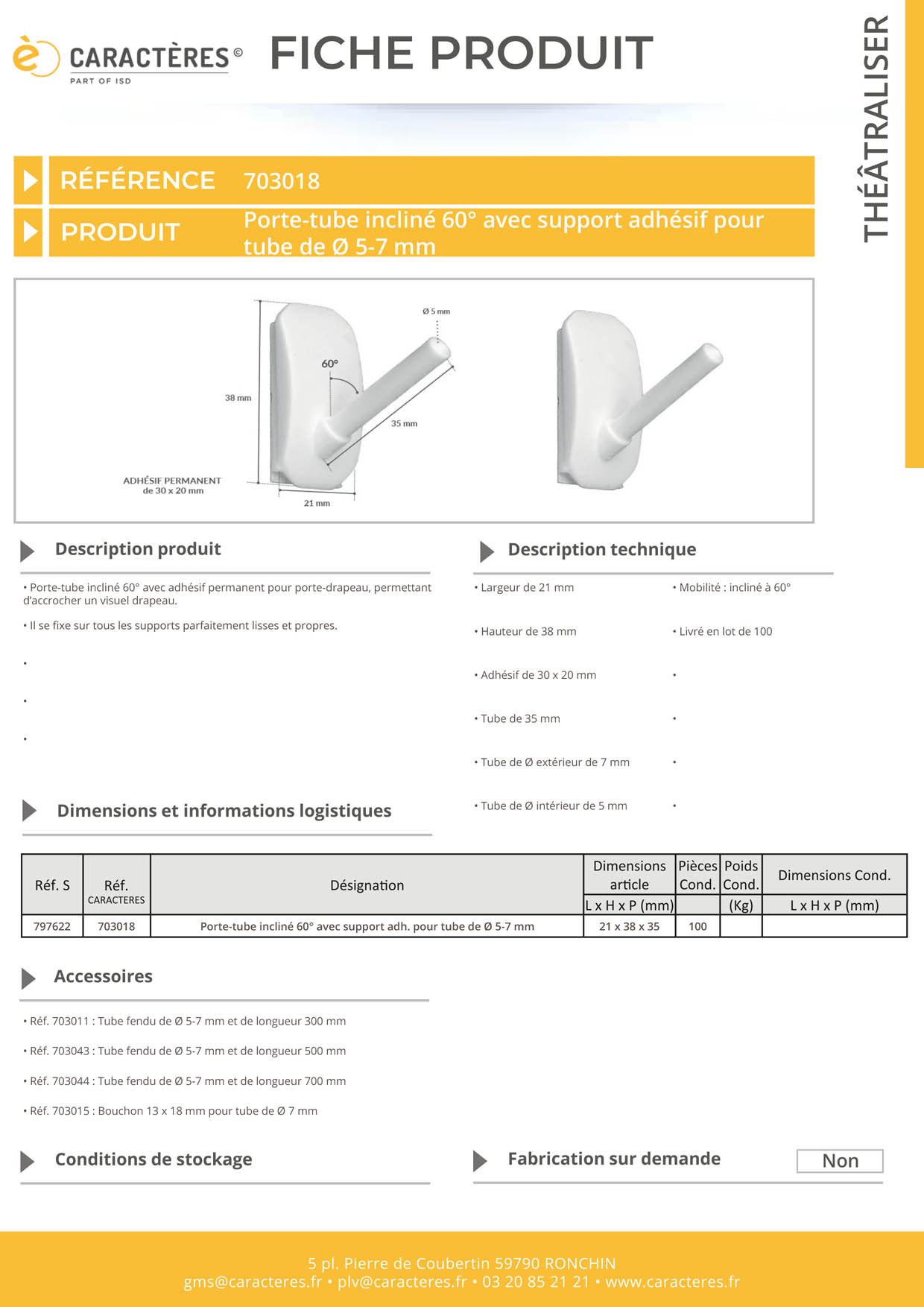 Porte-tube incliné à 60° avec support adhésif pour tube fendu de Ø 5 - 7 mm