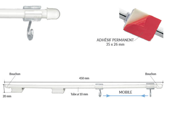 Potence PVC base adhésive crochets ouverts 450 mm