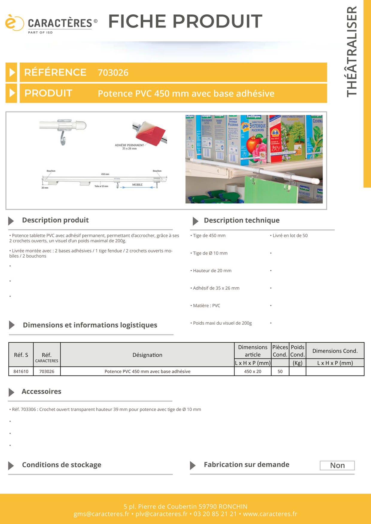 Potence en PVC de 450 mm avec base adhésive - 2 crochets ouverts
