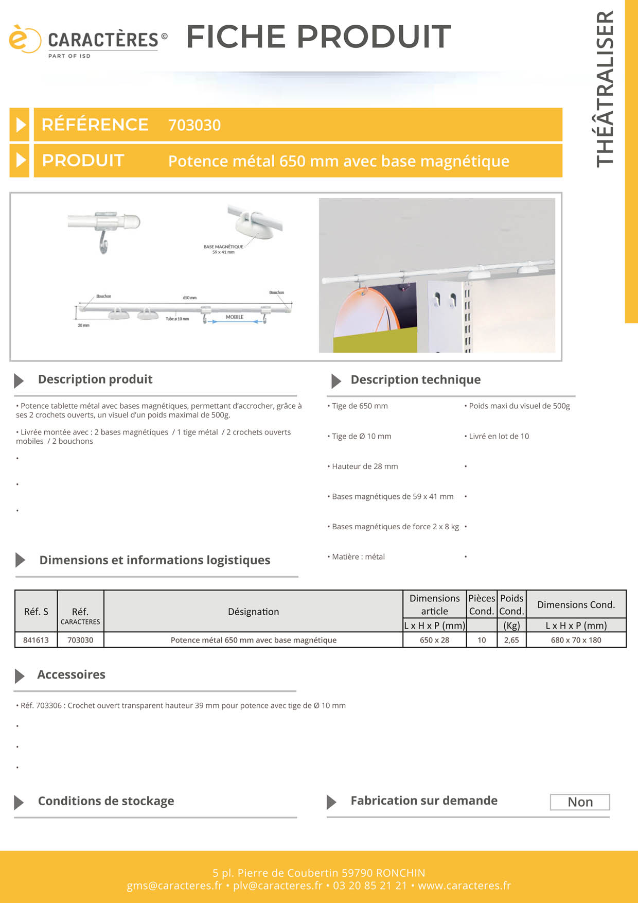 Potence en métal de 650 mm avec base magnétique - 2 crochets ouverts