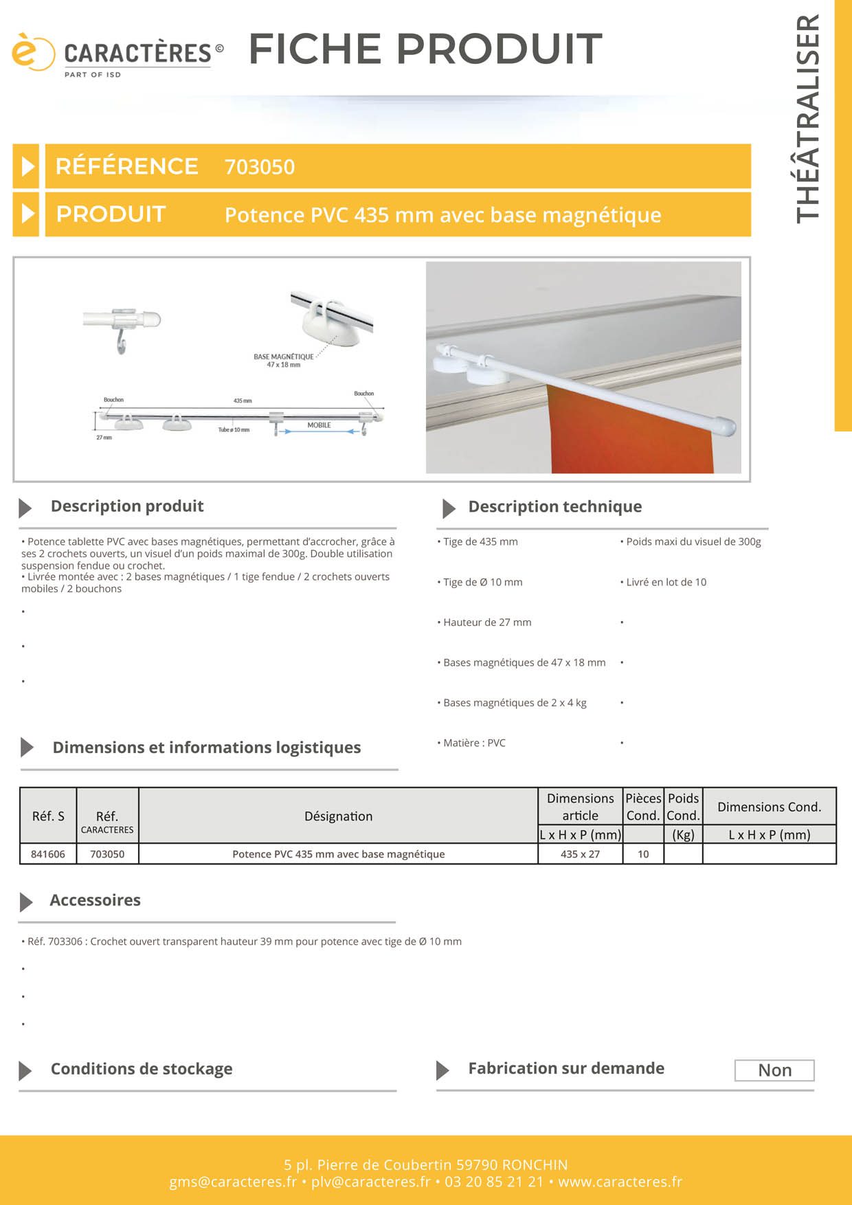 Potence en PVC de 435 mm avec base magnétique double utilisation - 2 crochets ouverts