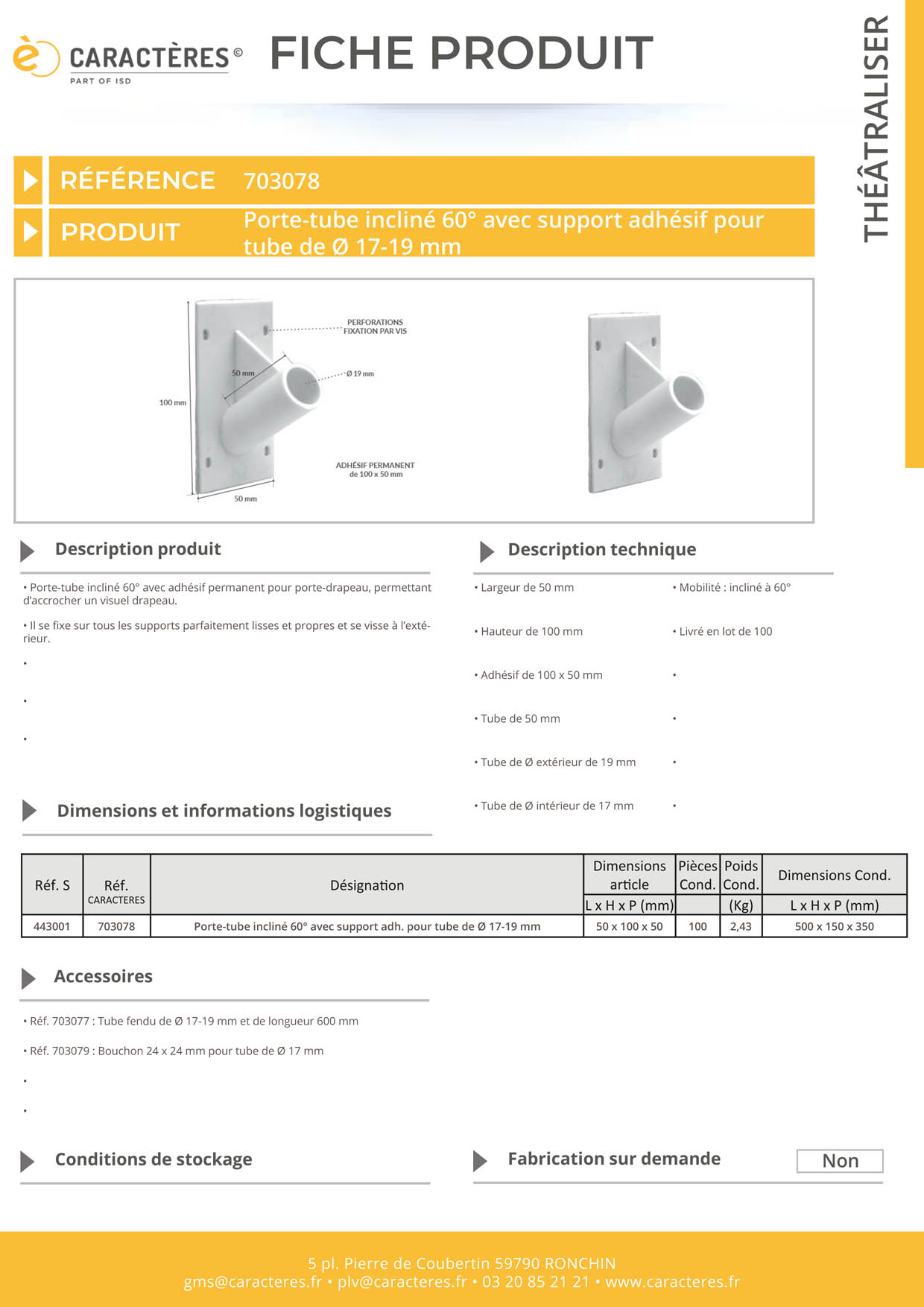 Porte-tube incliné à 60° avec support adhésif pour tube fendu de Ø 17 - 19 mm