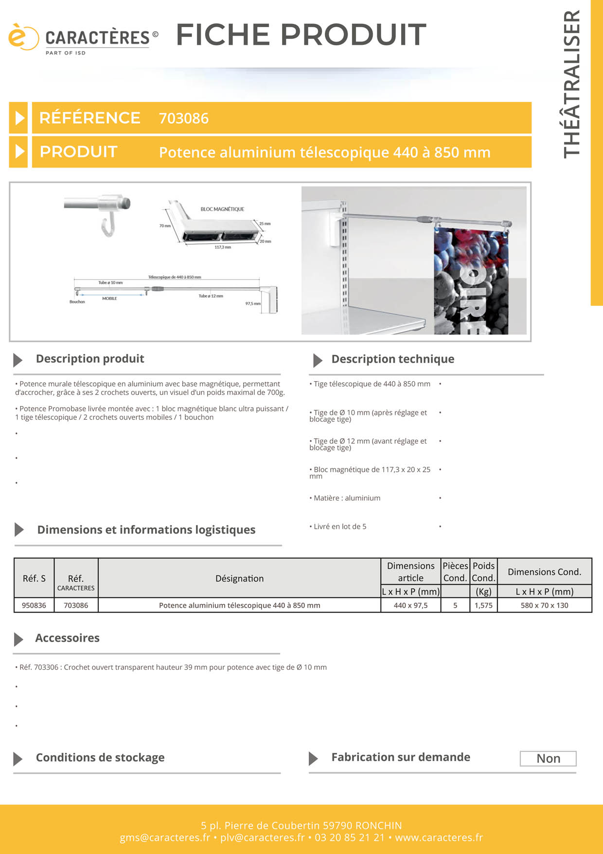 Potence murale avec bloc magnétique télescopique - De 440 à 850 mm