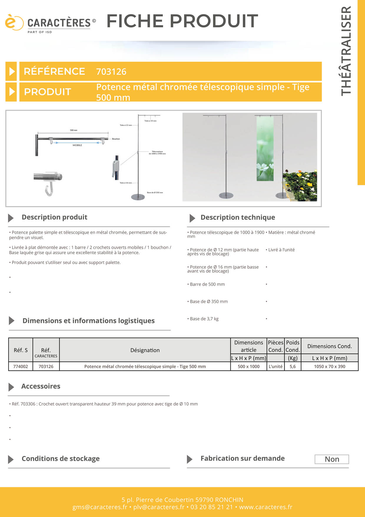 Potence palette simple et télescopique en métal chromée - Barre de 500 mm
