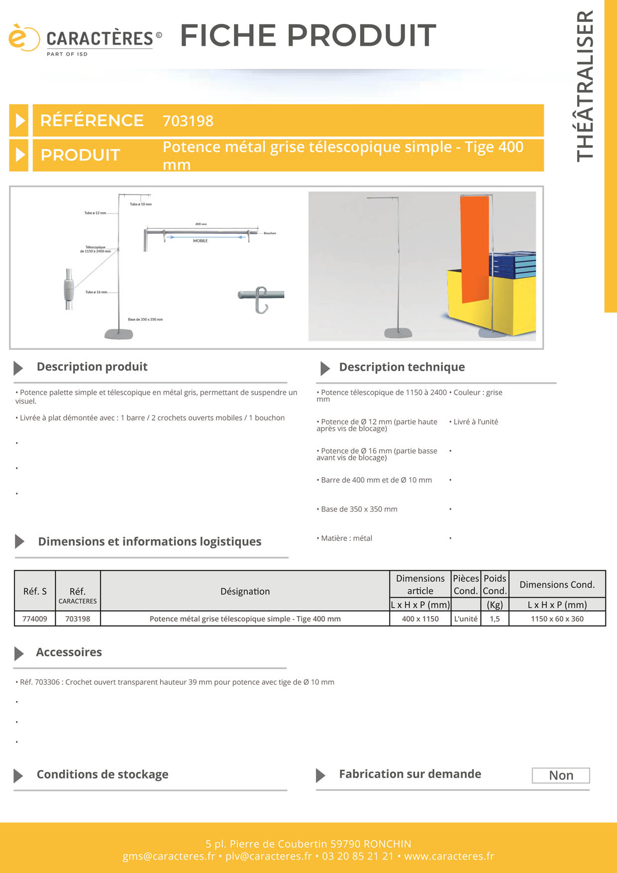 Potence palette simple et télescopique en métal gris - De 1150 à 2400 mm