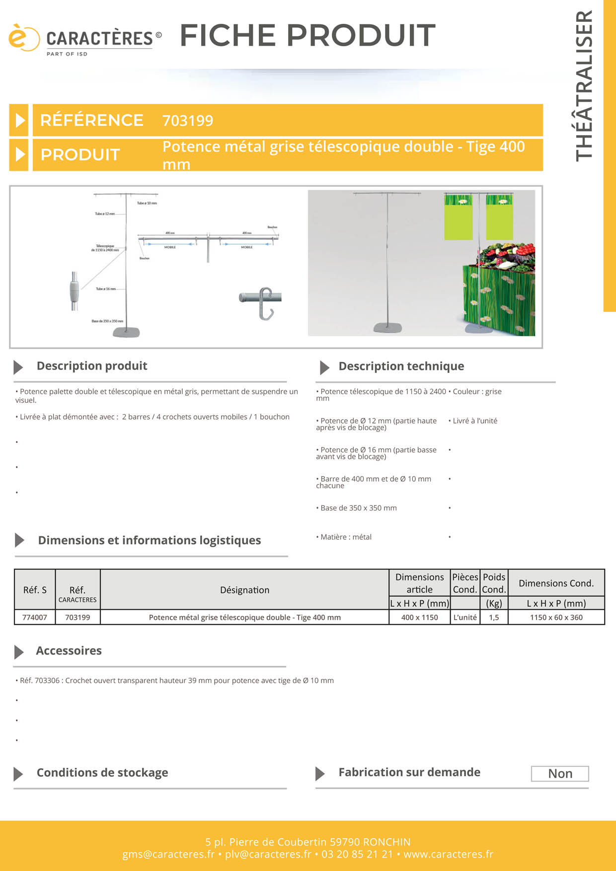 Potence palette double et télescopique en métal gris - De 1150 à 2400 mm