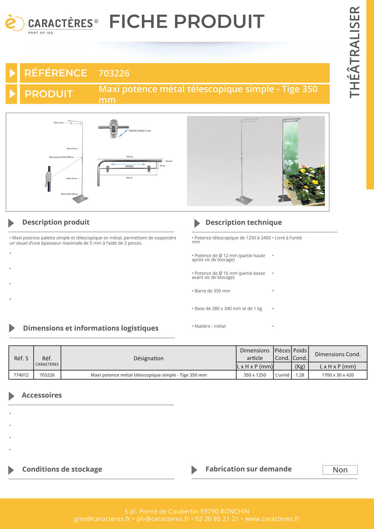 Maxi potence palette simple et télescopique en métal - De 1250 à 2400 mm