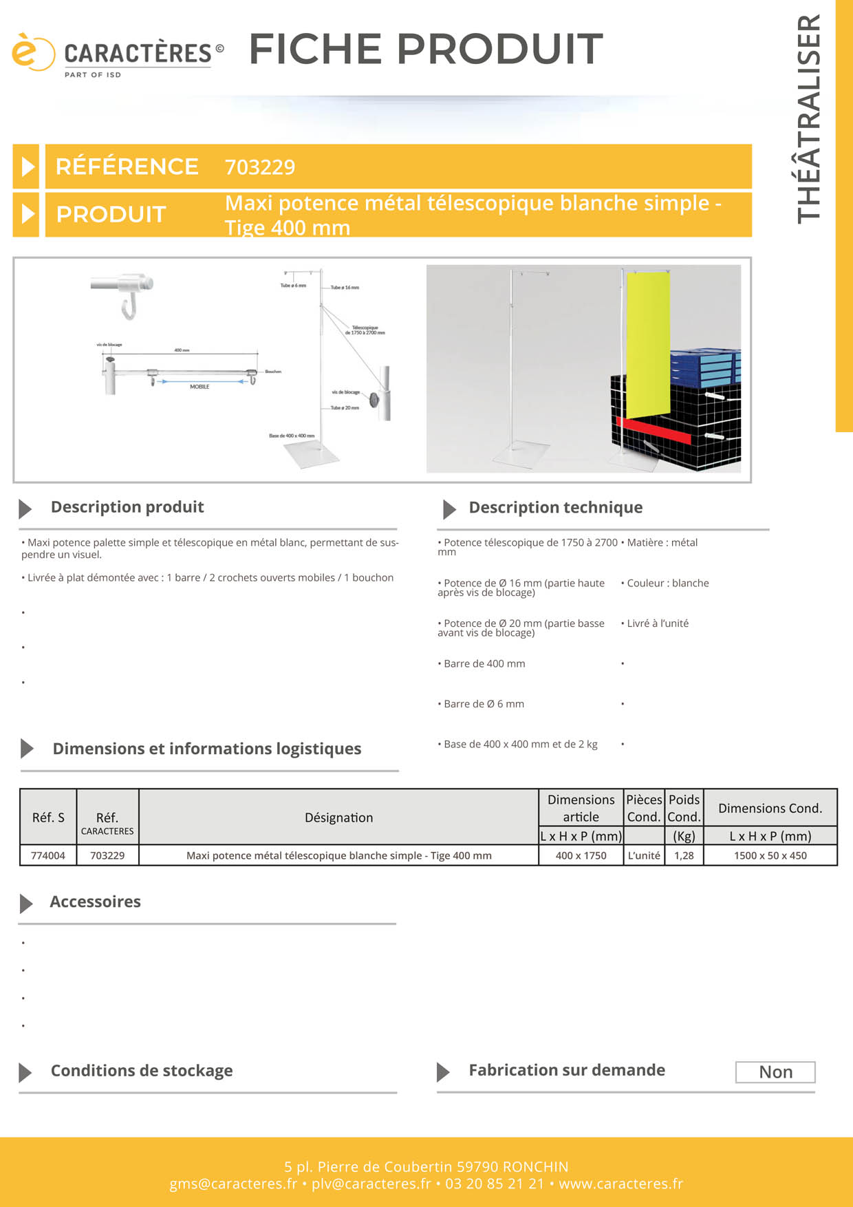 Maxi potence palette simple et télescopique en métal blanc - De 1750 à 2700 mm
