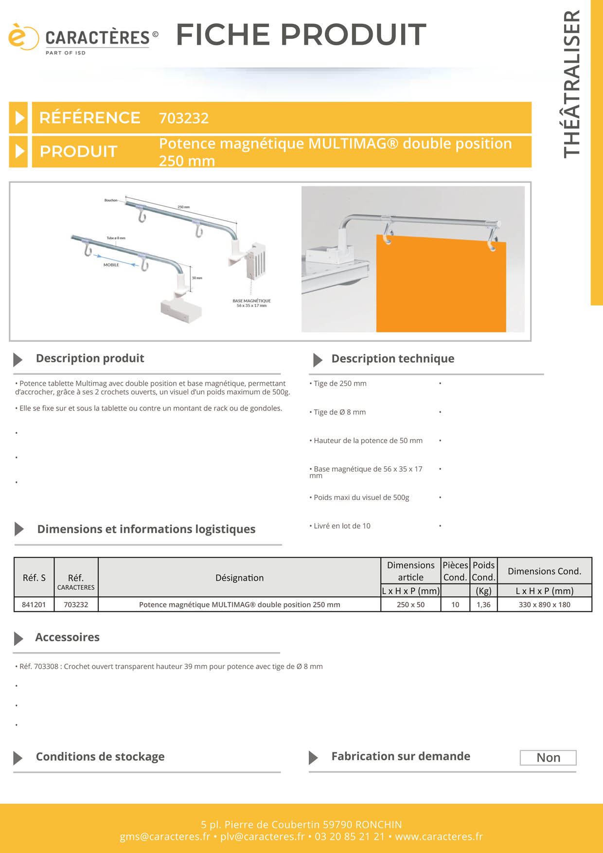 Potence magnétique Multimag® double position de 250 mm - 2 crochets ouverts