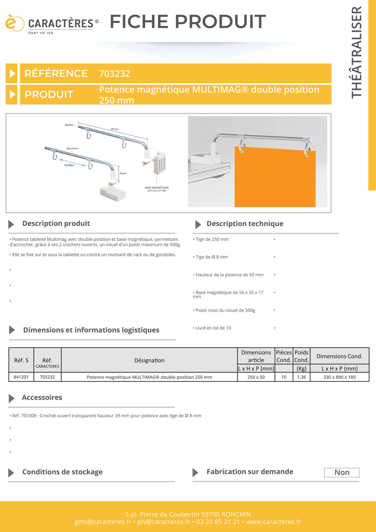 Potence magnétique Multimag® double position de 250 mm - 2 crochets ouverts