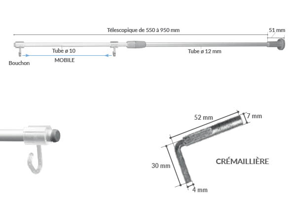 Potence aluminium pour crémaillère télescopique