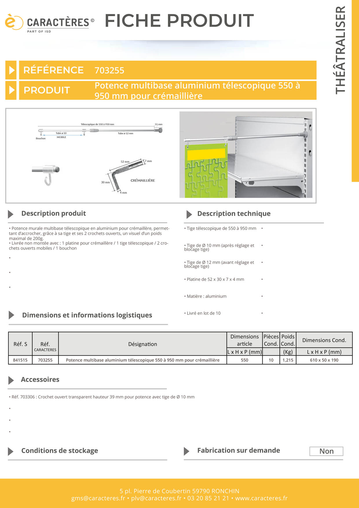 Potence murale multibase télescopique pour crémaillère - De 550 à 950 mm