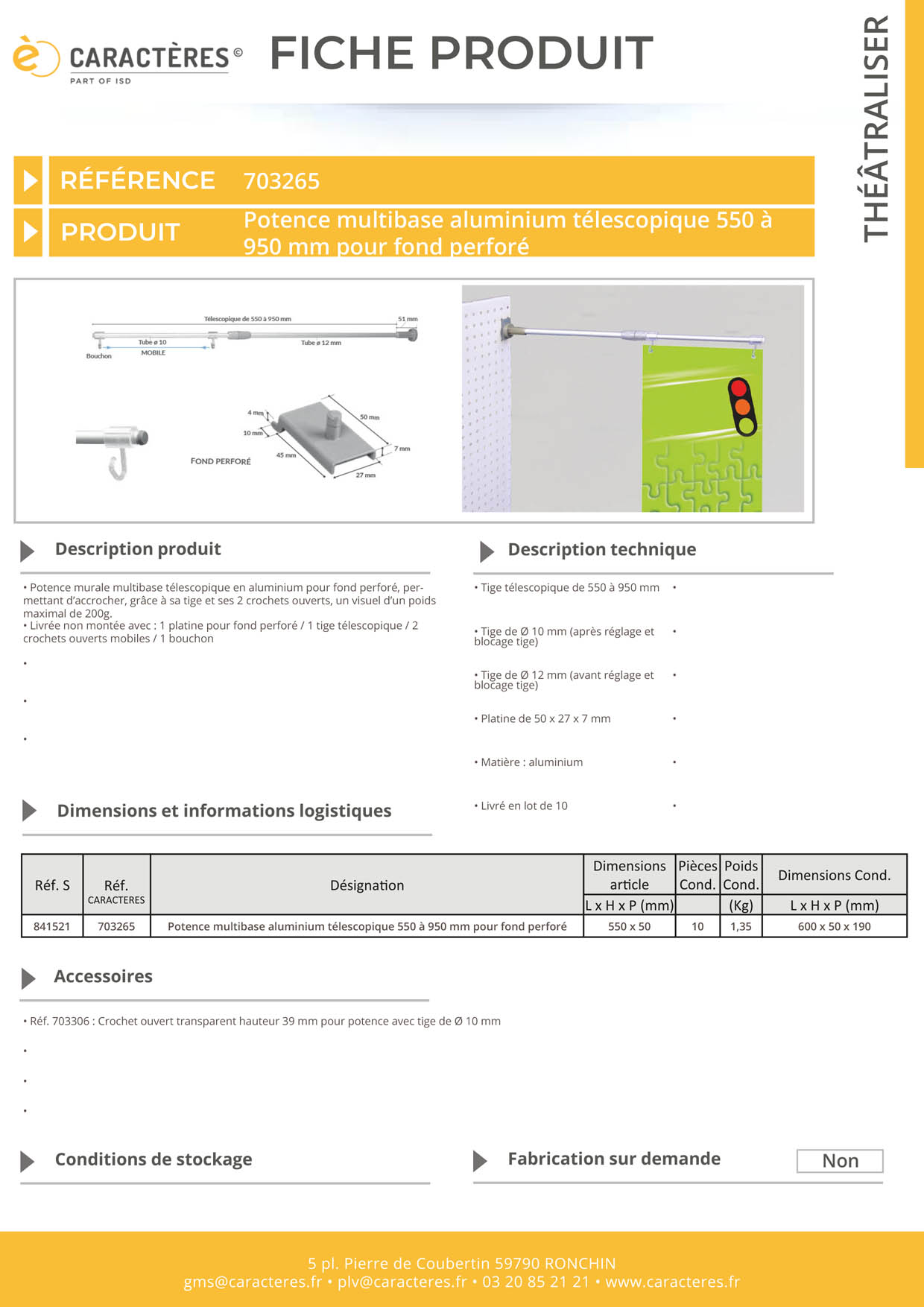 Potence murale multibase télescopique pour fond perforé - De 550 à 950 mm