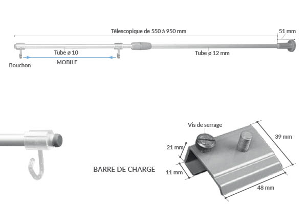 Potence aluminium pour barre de charge télescopique