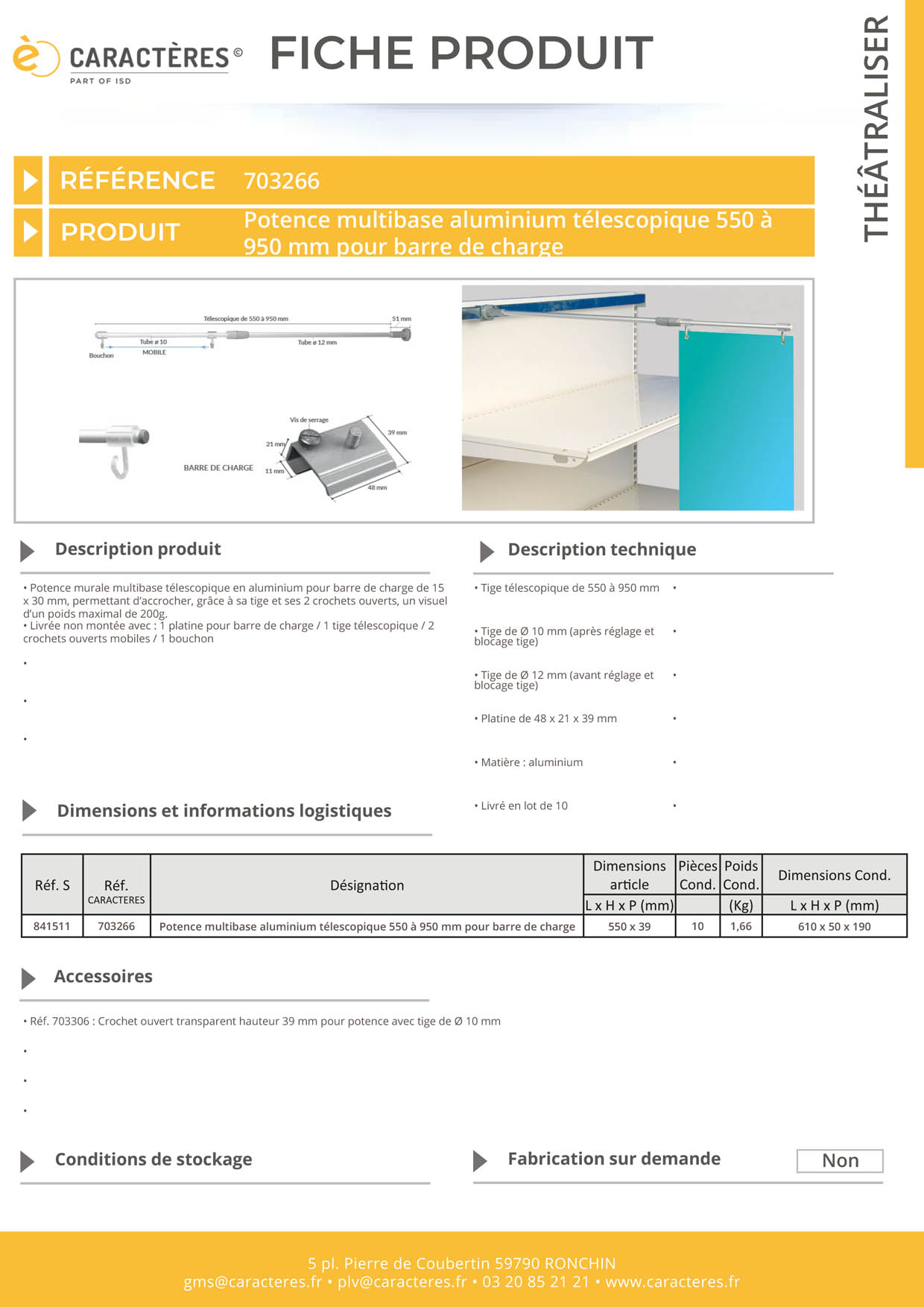 Potence murale multibase télescopique pour barre de charge - De 550 à 950 mm