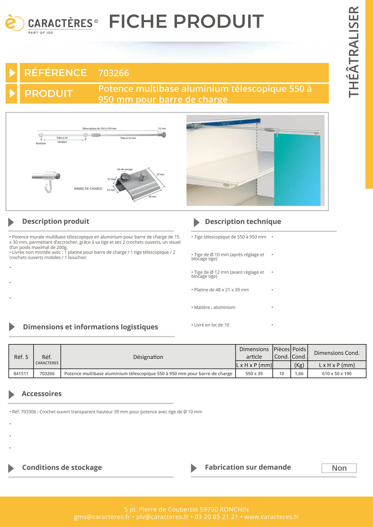 Potence murale multibase télescopique pour barre de charge - De 550 à 950 mm