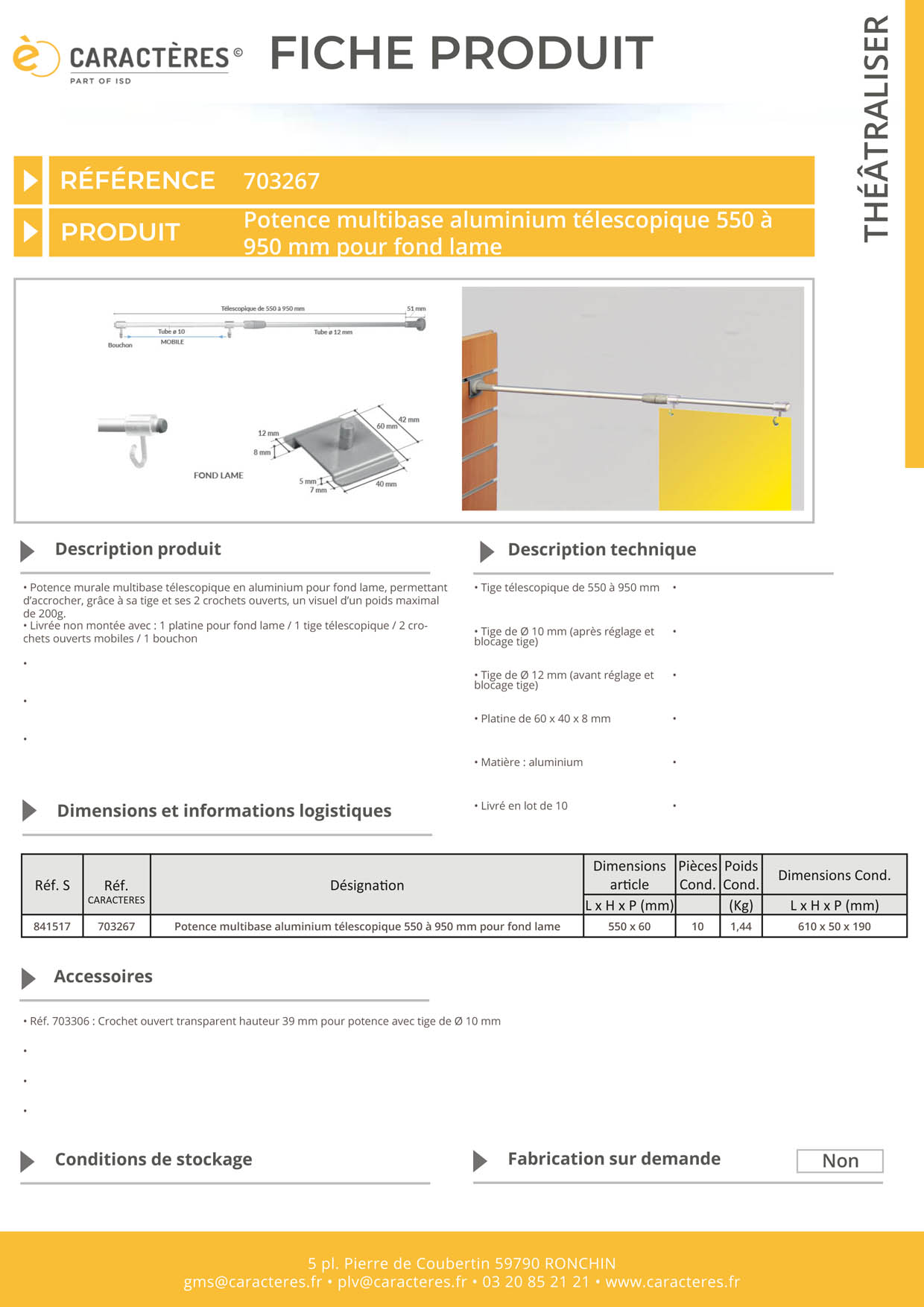 Potence murale multibase télescopique pour fond lame - De 550 à 950 mm