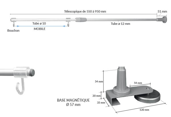 Potence multibase aluminium base magnétique télescopique