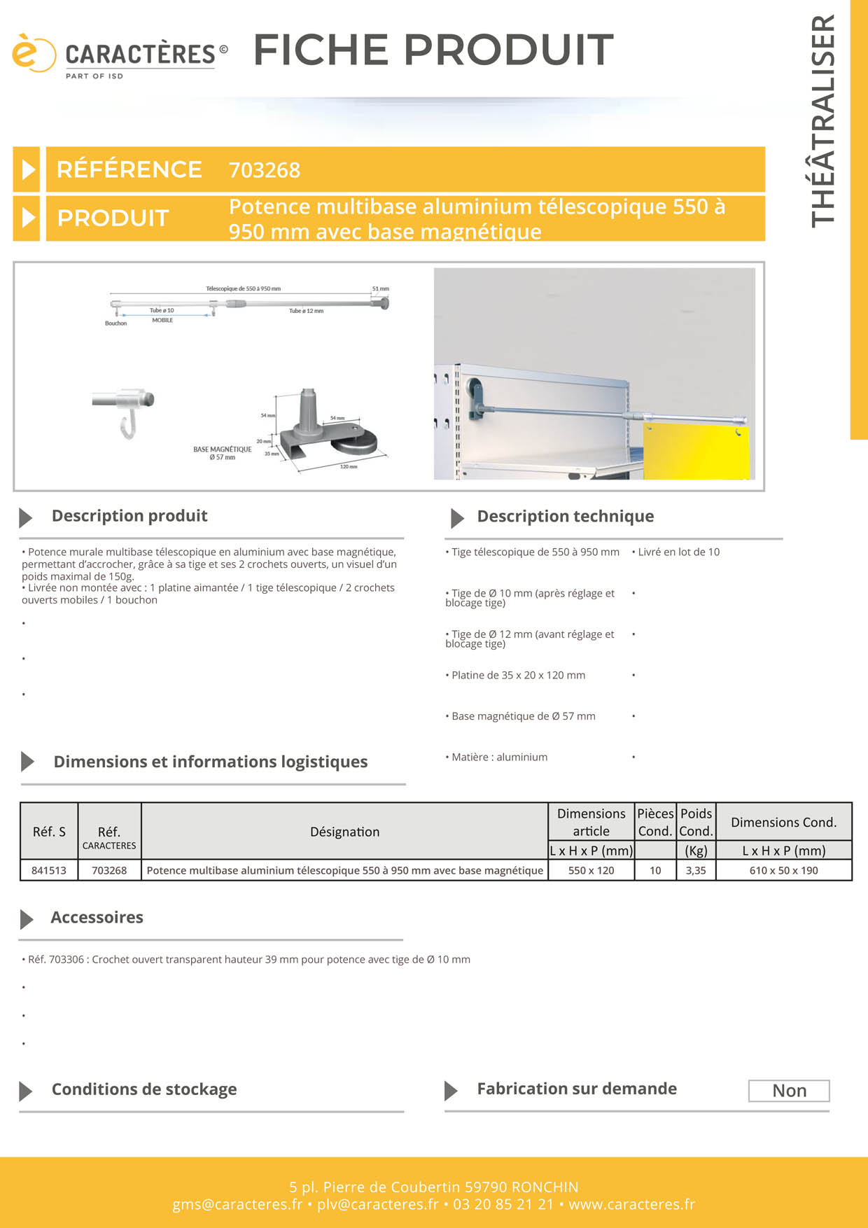 Potence murale multibase télescopique avec base magn - De 550 à 950 mm