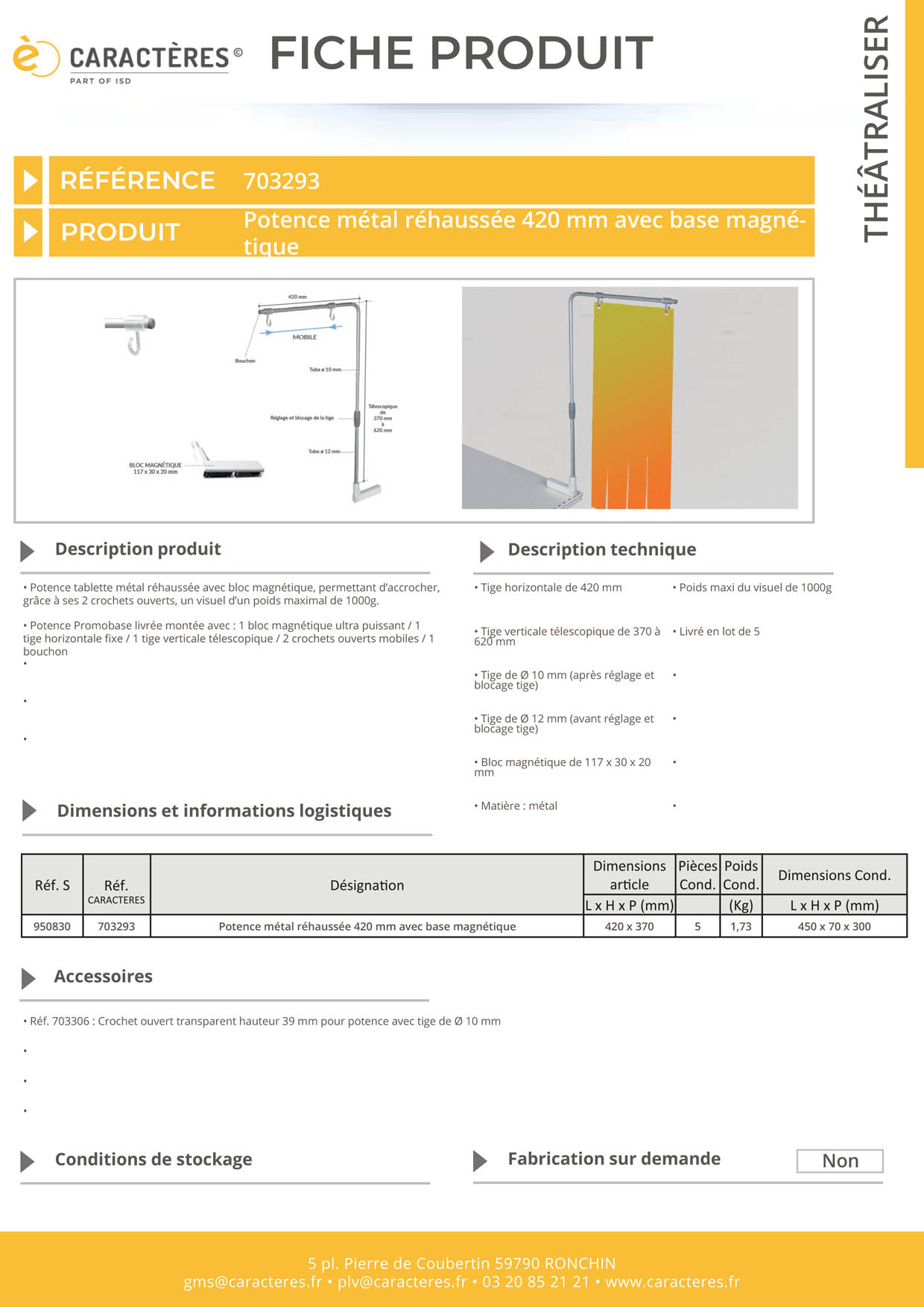 Potence réhaussée télescopique de 420 mm base magnétique - 2 crochets ouverts