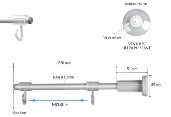 Potence aluminium base ventouse 220 mm