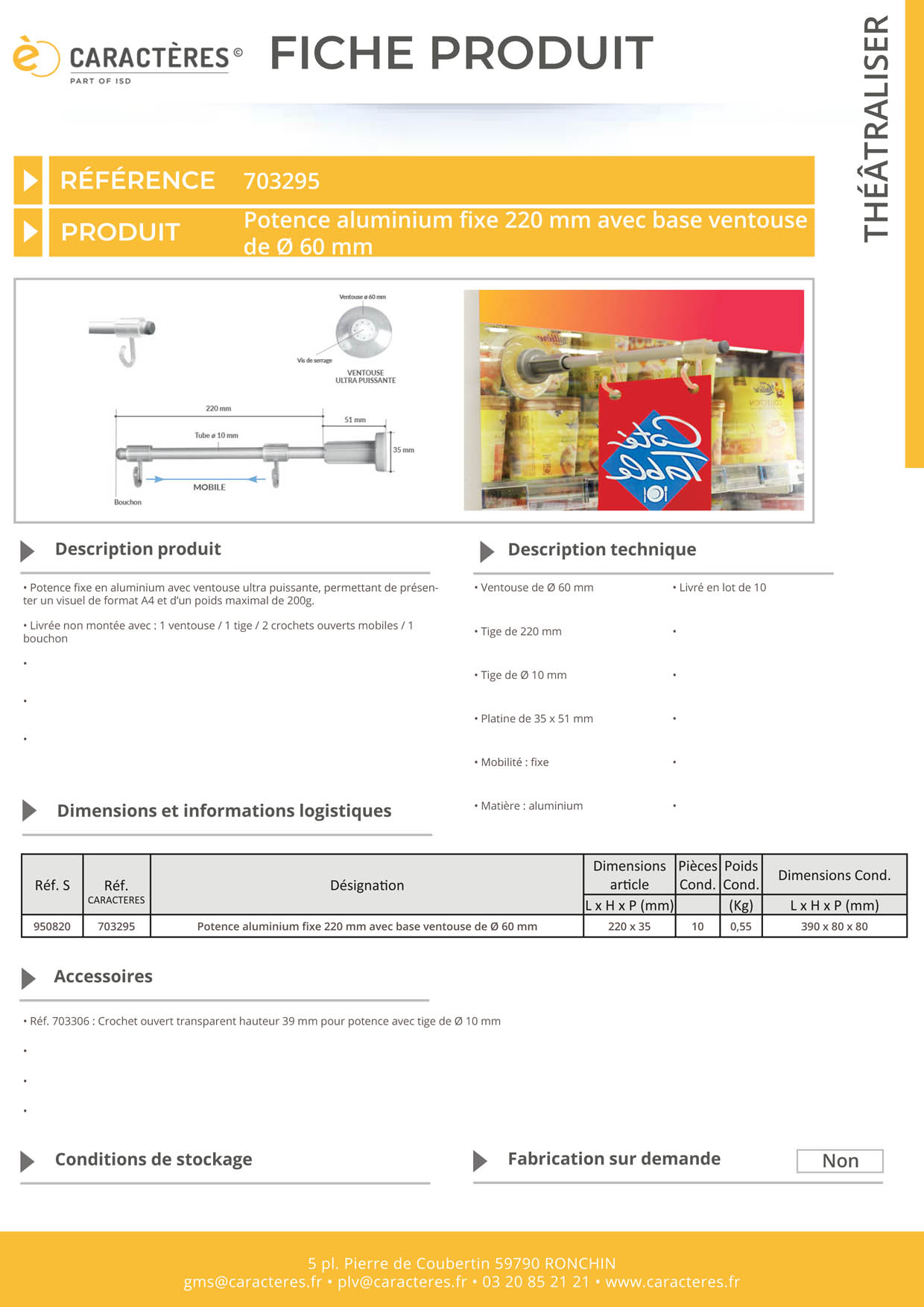 Potence fixe en aluminium avec base ventouse de Ø 60 mm - Tige de 220 mm