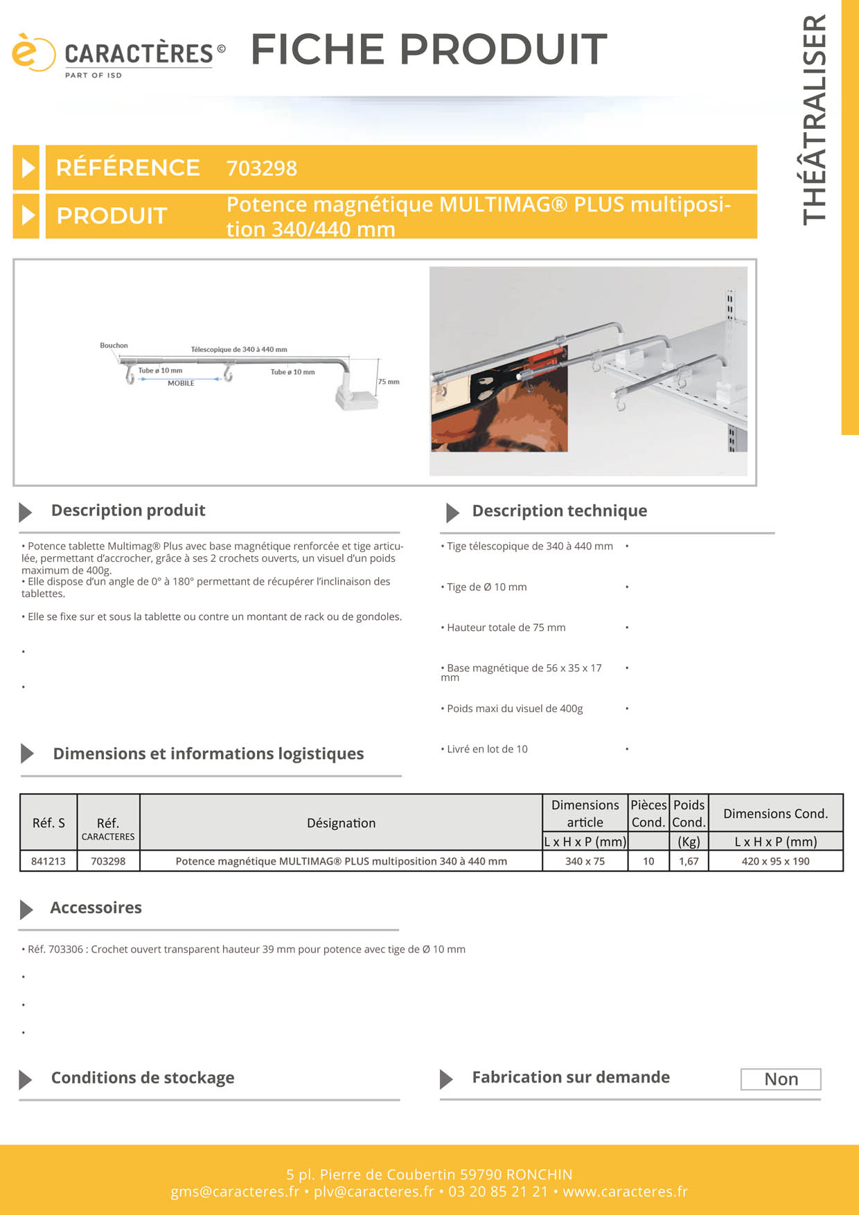 Potence magnétique Multimag® + articulée 340 à 440 mm - 2 crochets ouverts