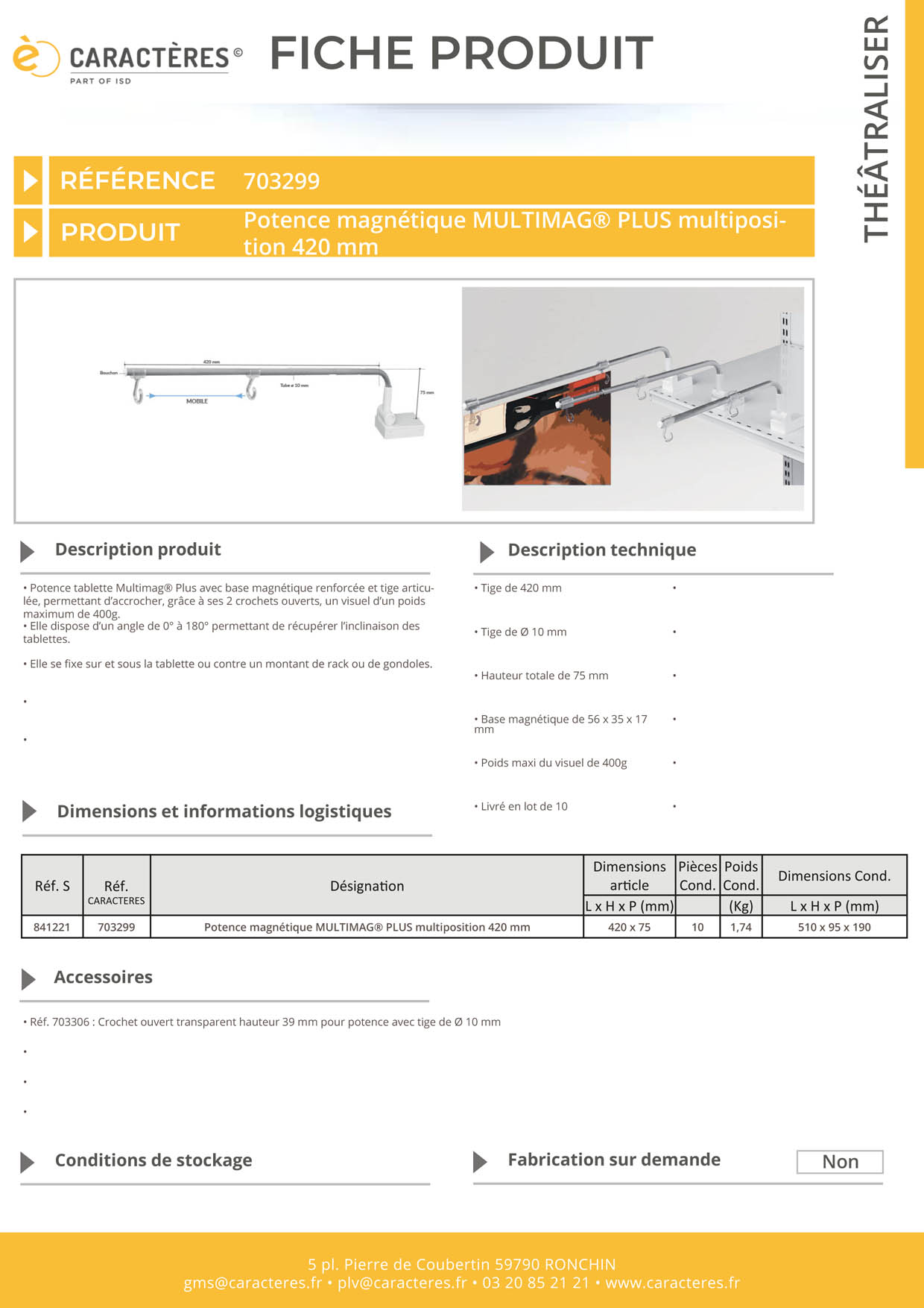 Potence magnétique Multimag® + articulée de 420 mm - 2 crochets ouverts