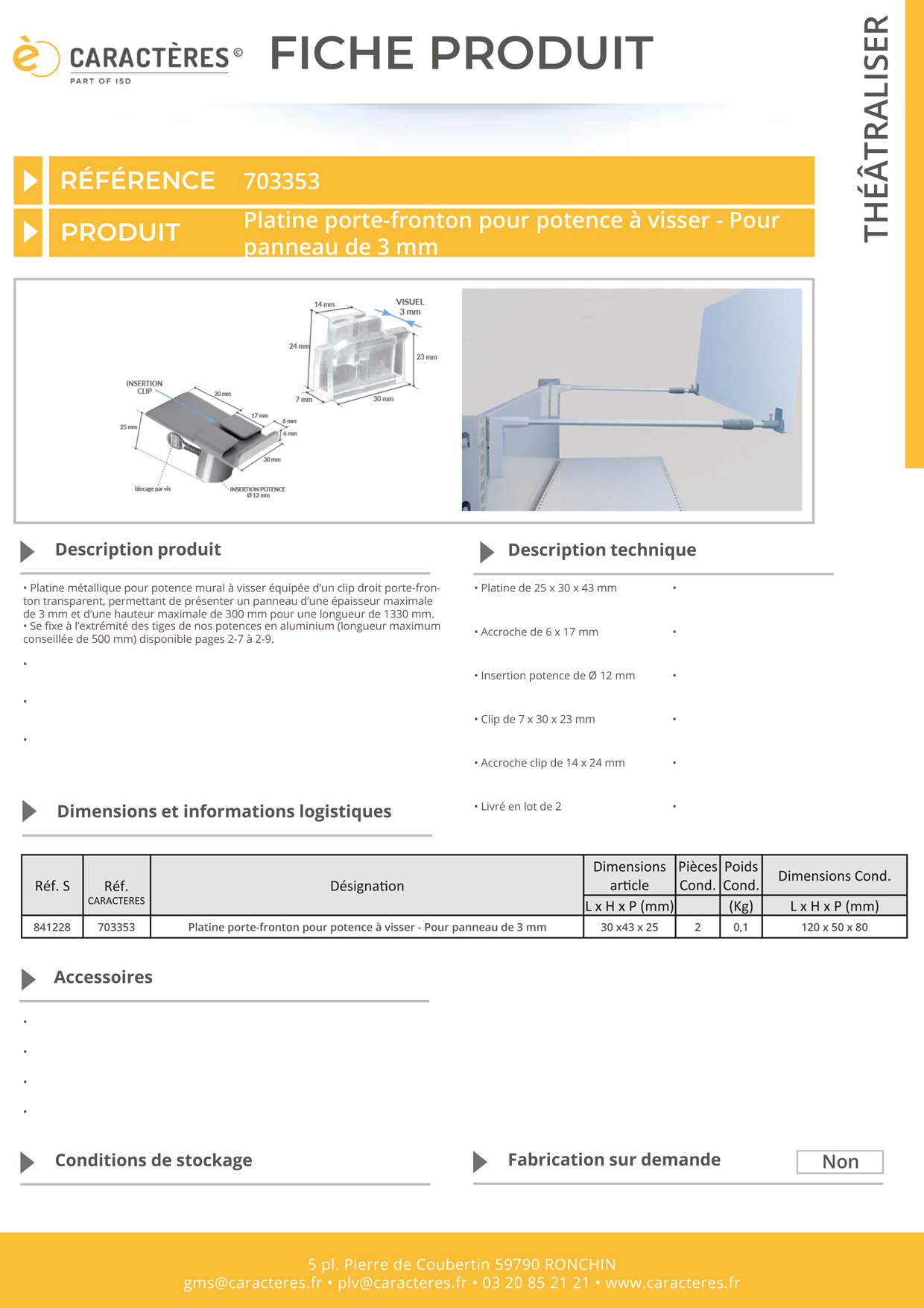 Platine pour potence mural à visser + clip droit porte-fronton - Panneau de 3 mm