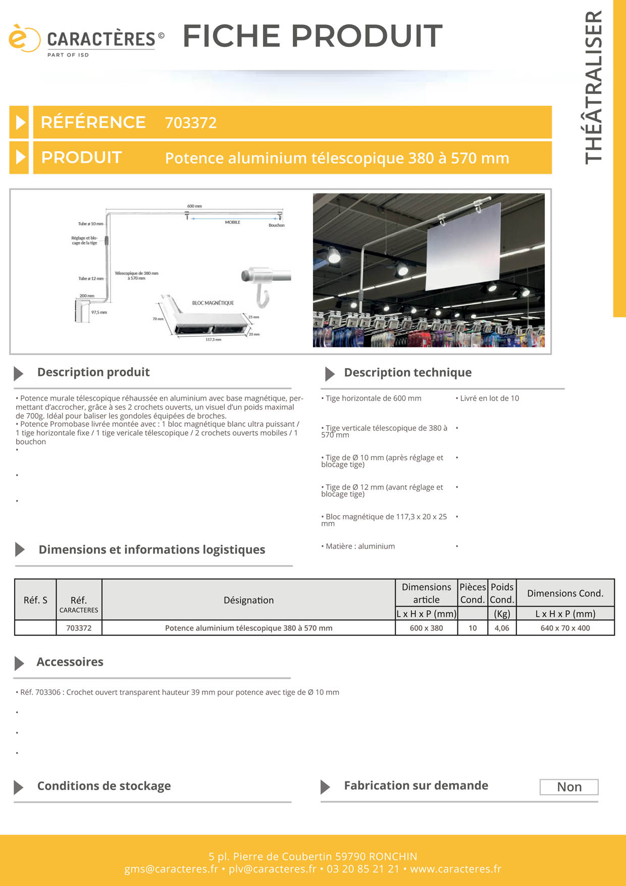 Potence murale réhaussée avec bloc magnétique télescopique - De 380 à 570 mm