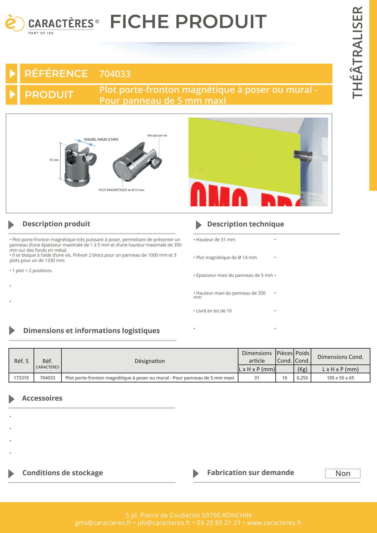 Plot porte-fronton magnétique à poser 2 positions - Panneau de 1 à 5 mm maximum