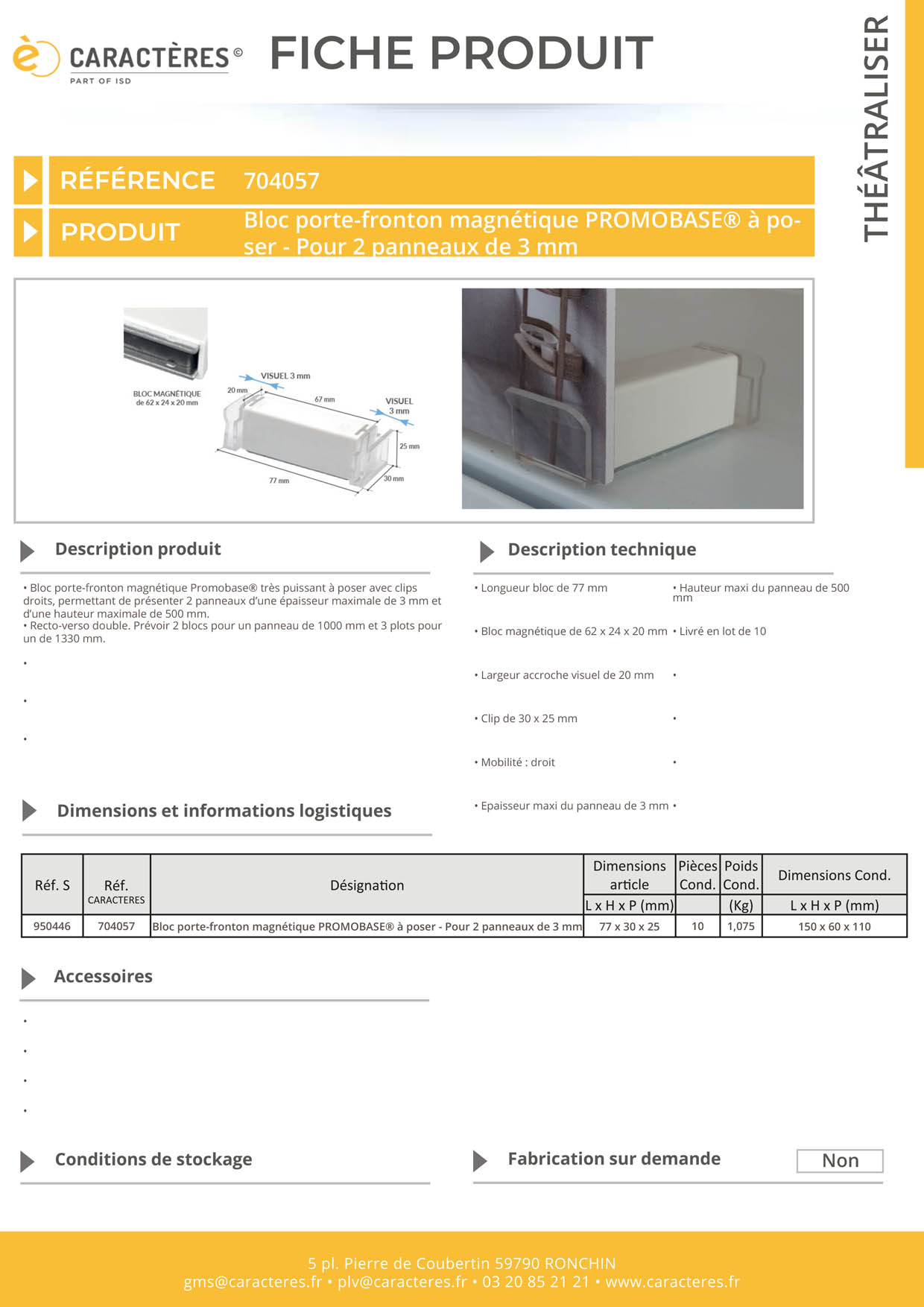 Bloc porte-fronton magnétique Promobase® + clips droits à poser - 2 panneaux de 3 mm