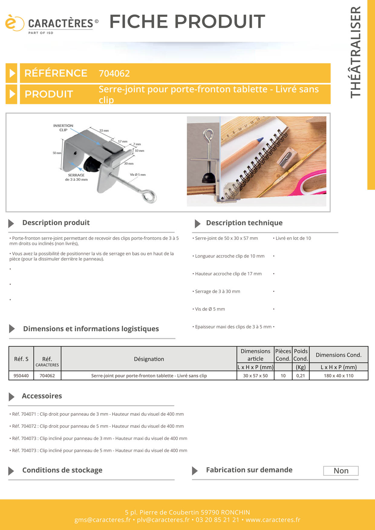 Porte-fronton serre-joint pour clip droit ou incliné