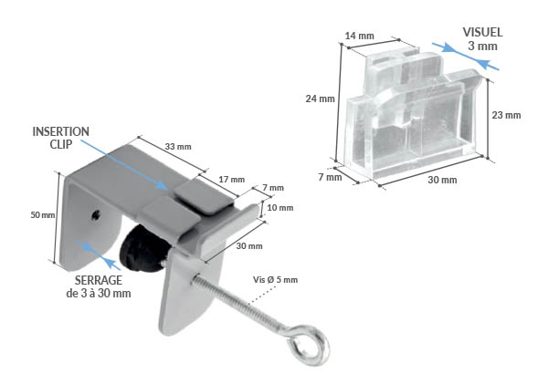 Clip droit pour porte fronton serre-joint - Pour panneau de 3 mm