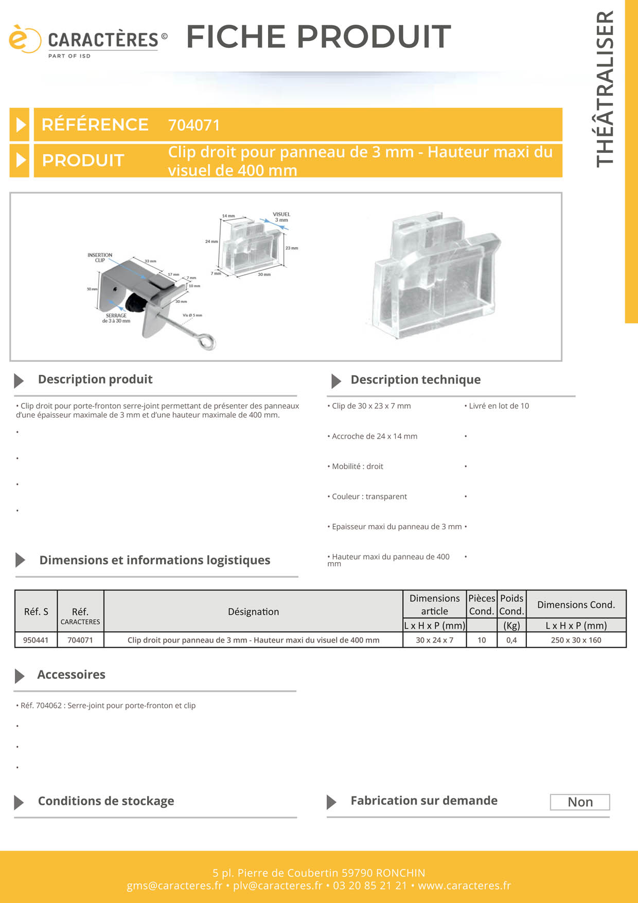 Clip droit pour porte-fronton serre-joint - Pour panneau de 3 mm