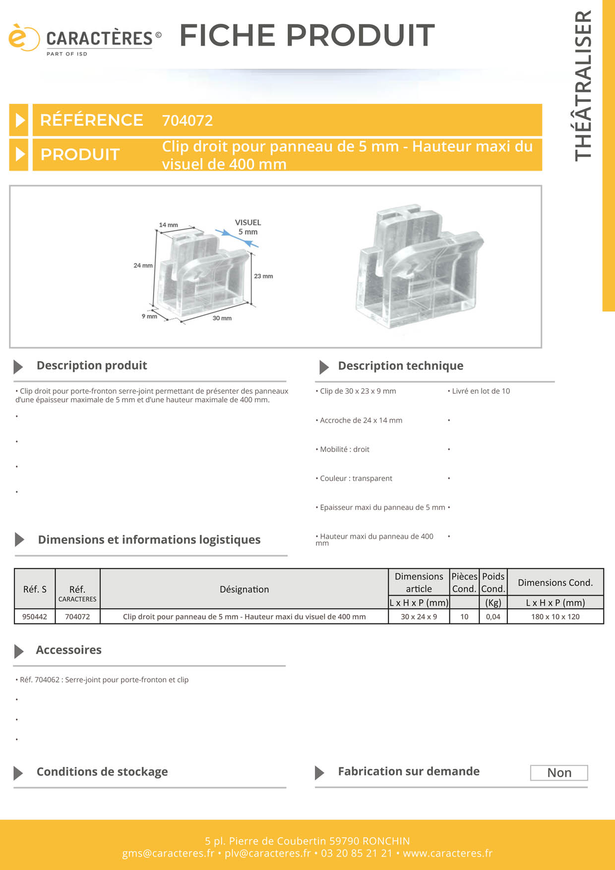 Clip droit pour porte-fronton serre-joint - Pour panneau de 5 mm