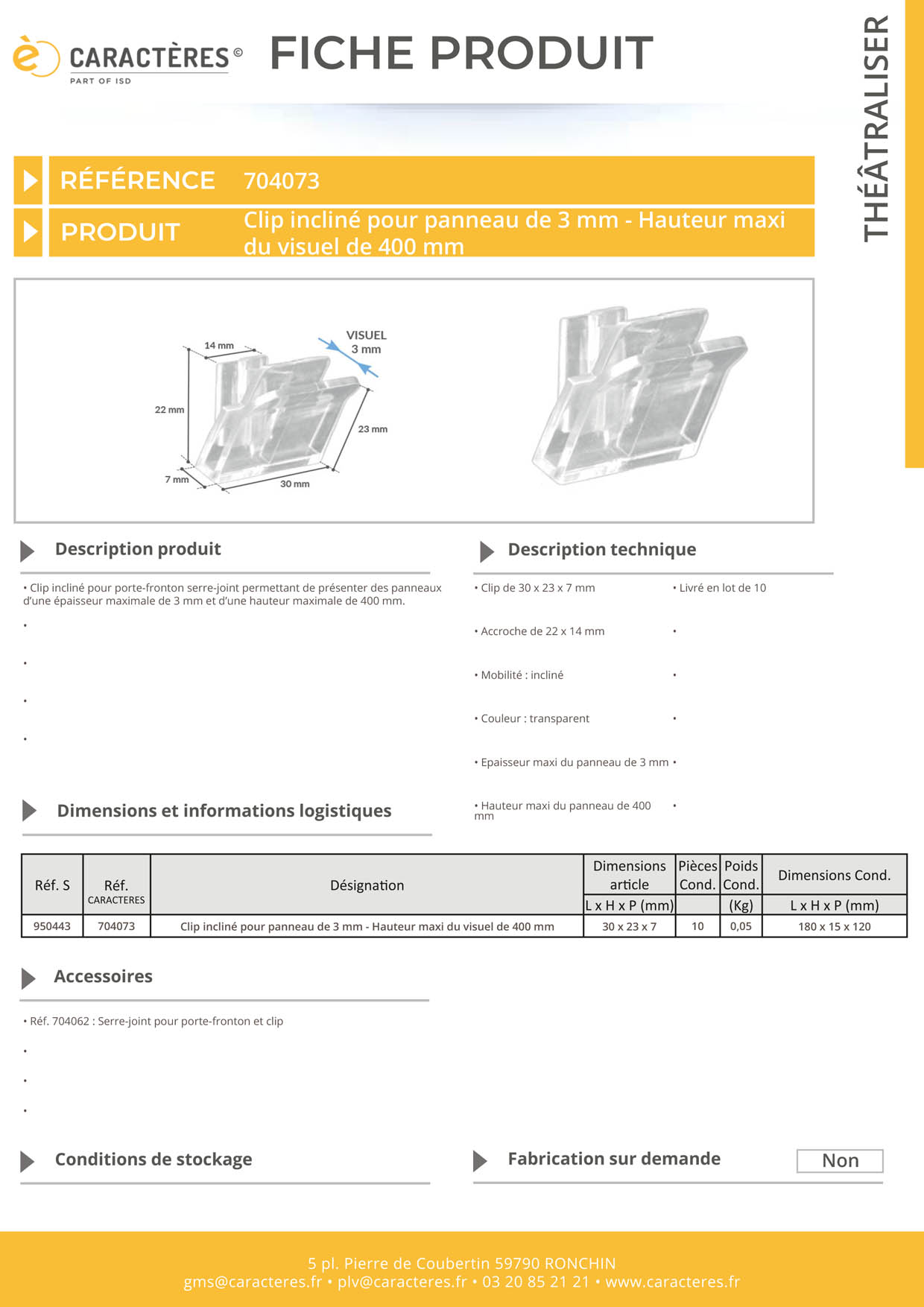 Clip incliné pour porte-fronton serre-joint - Pour panneau de 3 mm