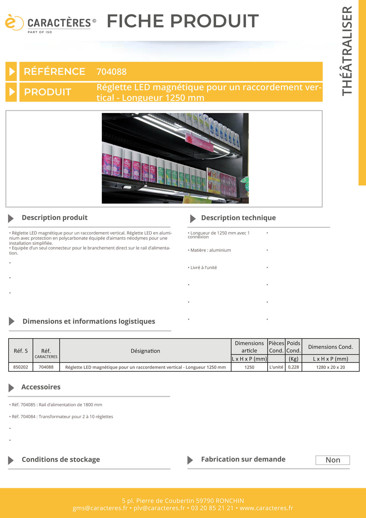 Réglette LED magnétique 1 connexion et raccordement vertical - Longueur 1250 mm