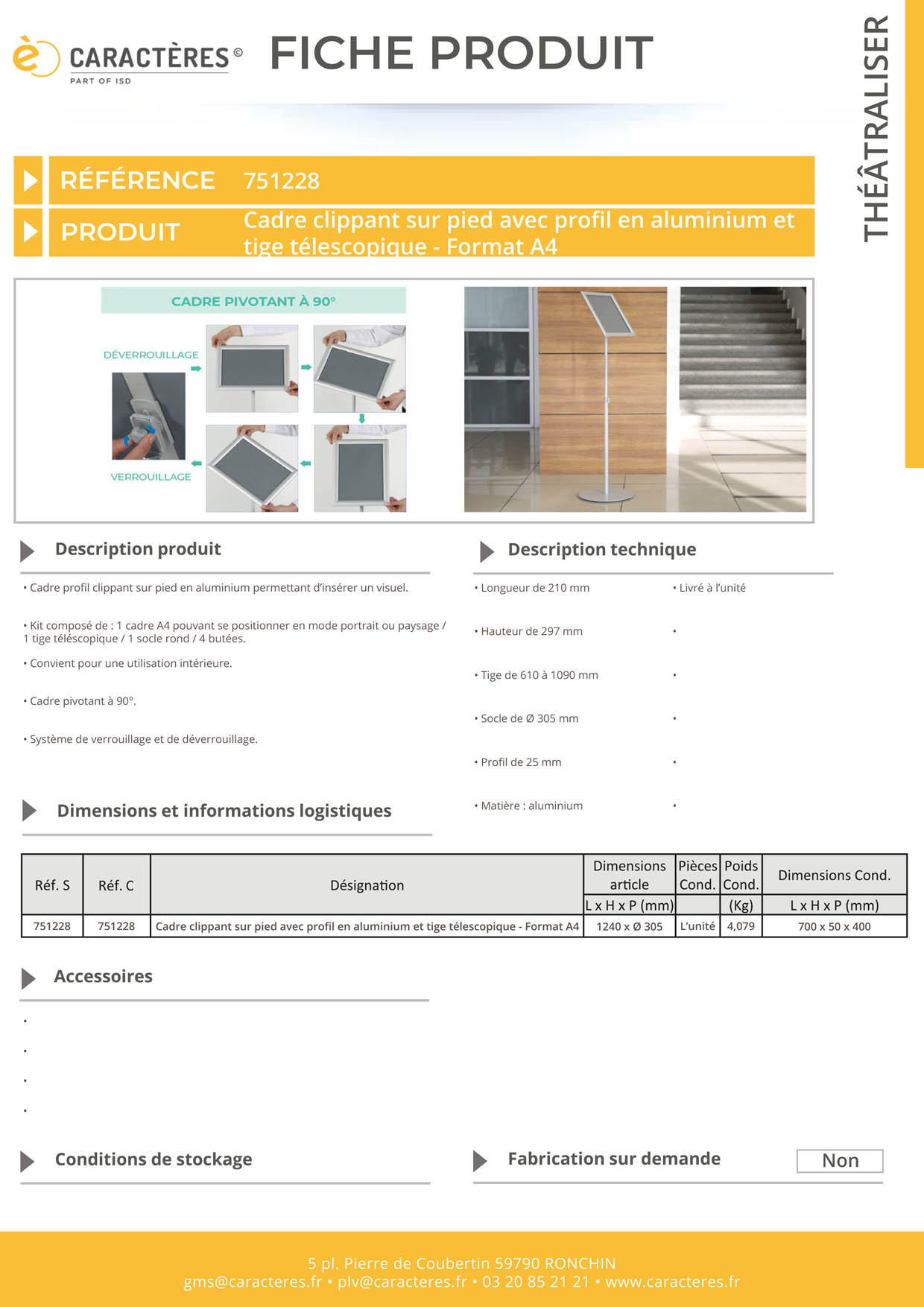 Cadre clippant sur pied avec profil en aluminium et tige télescopique - Format A4