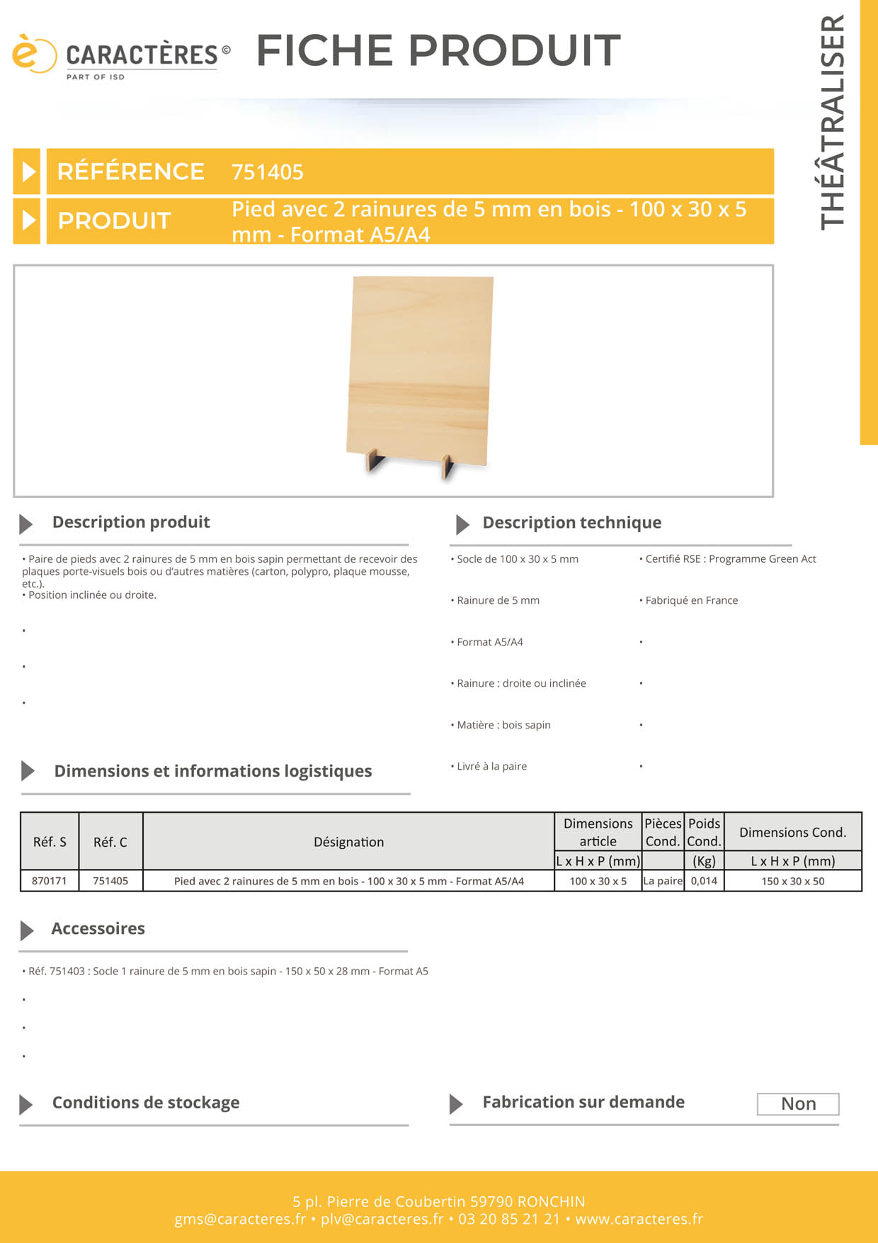 Pied avec 2 rainures de 5 mm en bois - 100 x 30 x 5 mm - Format A5/A4