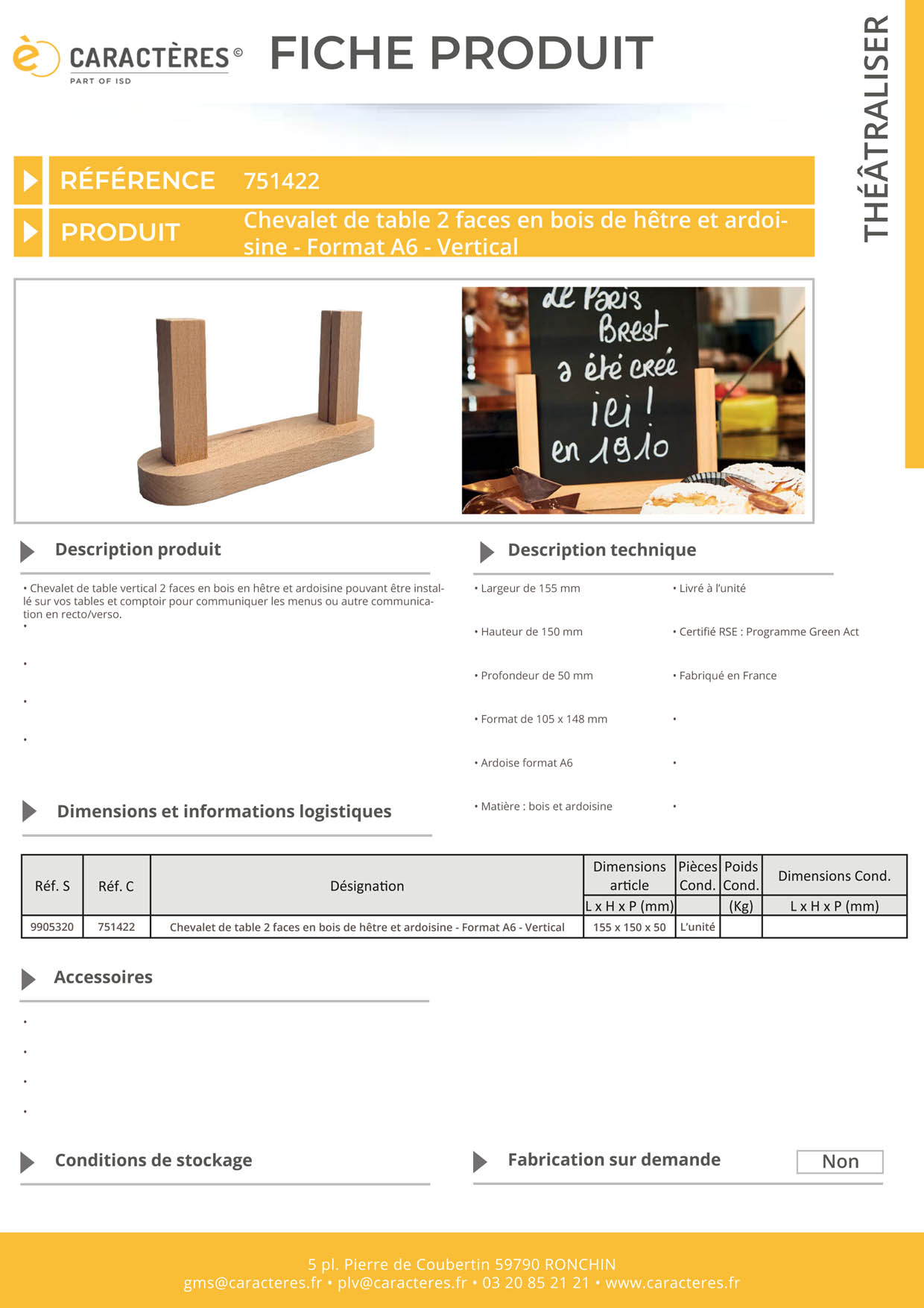 Chevalet de table 2 faces en bois de hêtre et ardoisine - Format A6 - Vertical